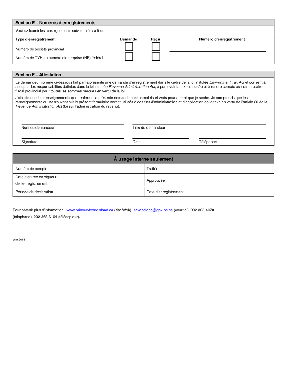 Demande Denregistrement Pour La Perception De La Taxe Environnementale - Prince Edward Island, Canada (French), Page 2