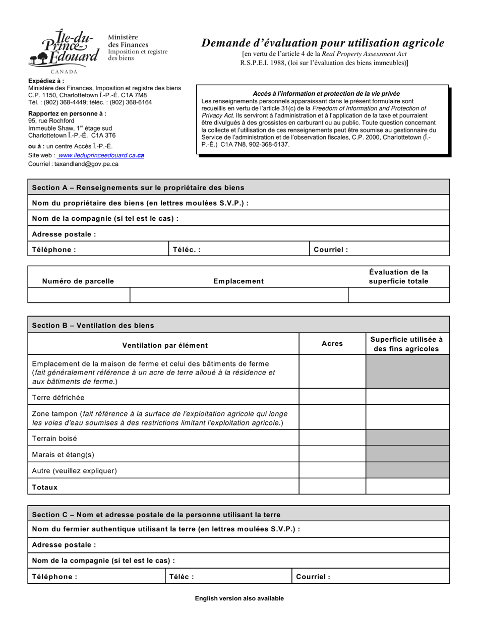 Forme 11PT15-30764 Demande Devaluation Pour Utilisation Agricole - Prince Edward Island, Canada (French), Page 3