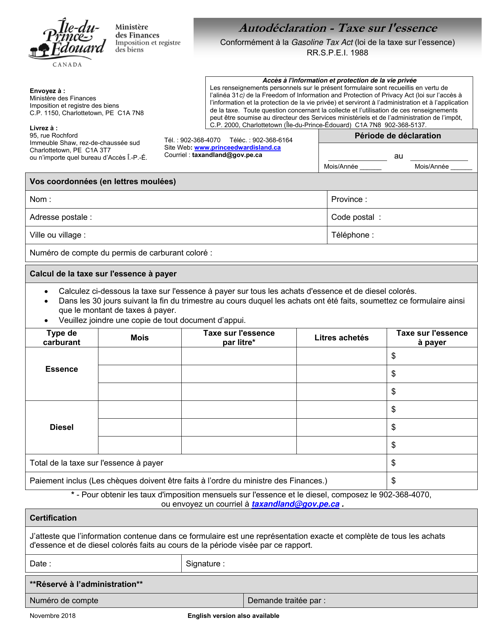 Autodeclaration - Taxe Sur L'essence - Prince Edward Island, Canada (French) Download Pdf