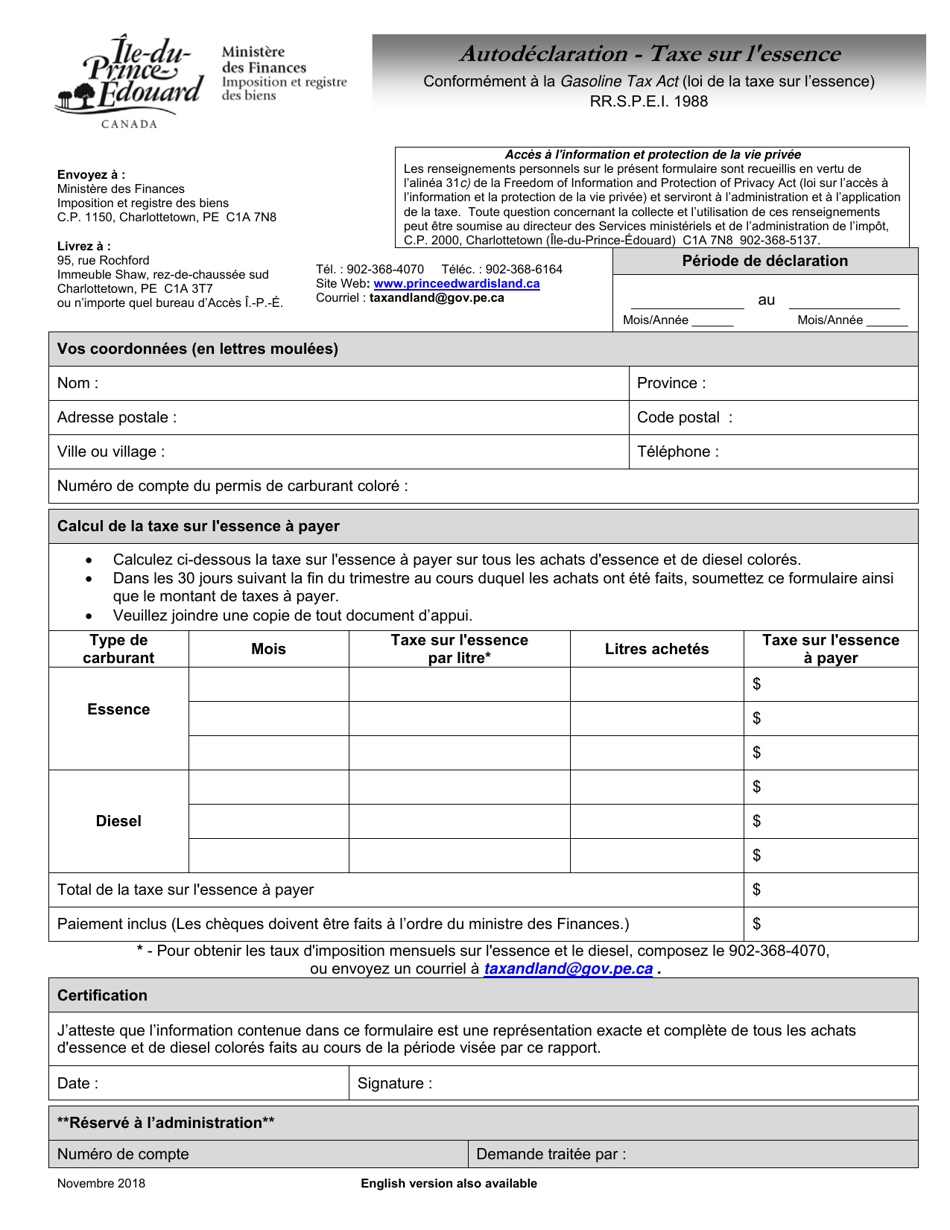 Autodeclaration - Taxe Sur Lessence - Prince Edward Island, Canada (French), Page 1