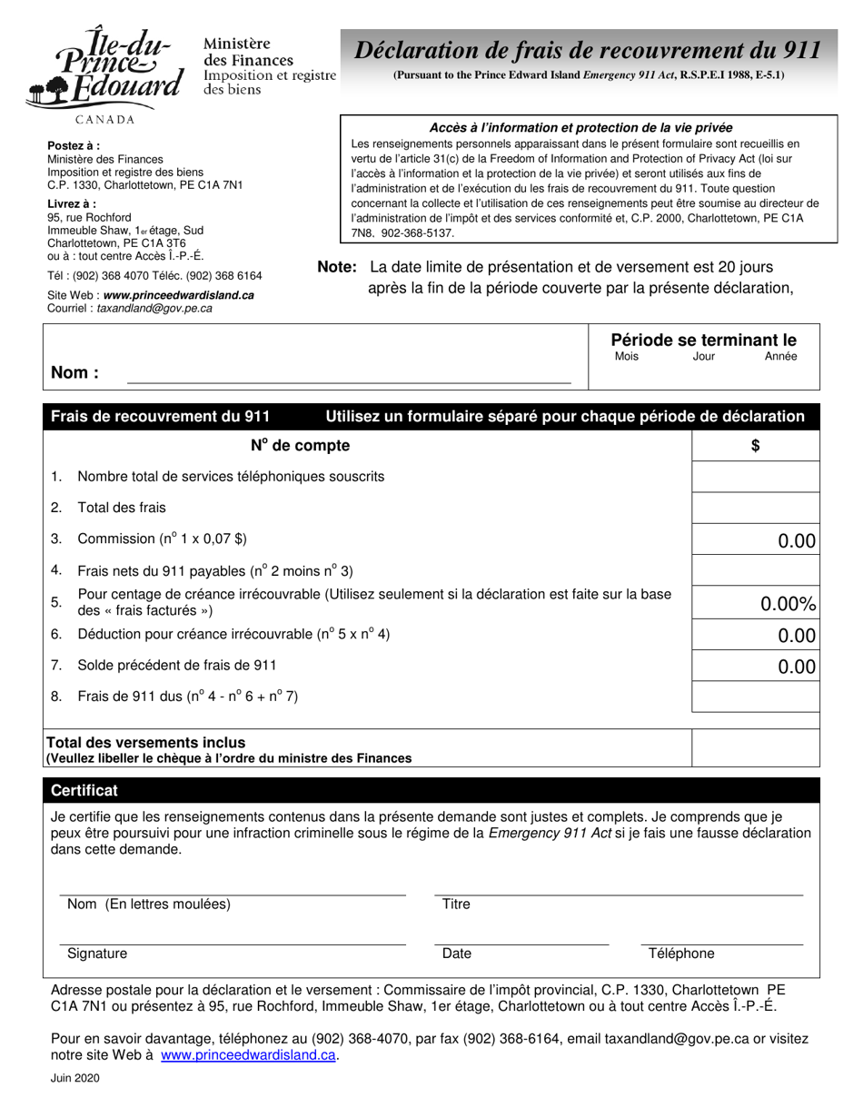 Declaration De Frais De Recouvrement Du 911 - Prince Edward Island, Canada (French), Page 1