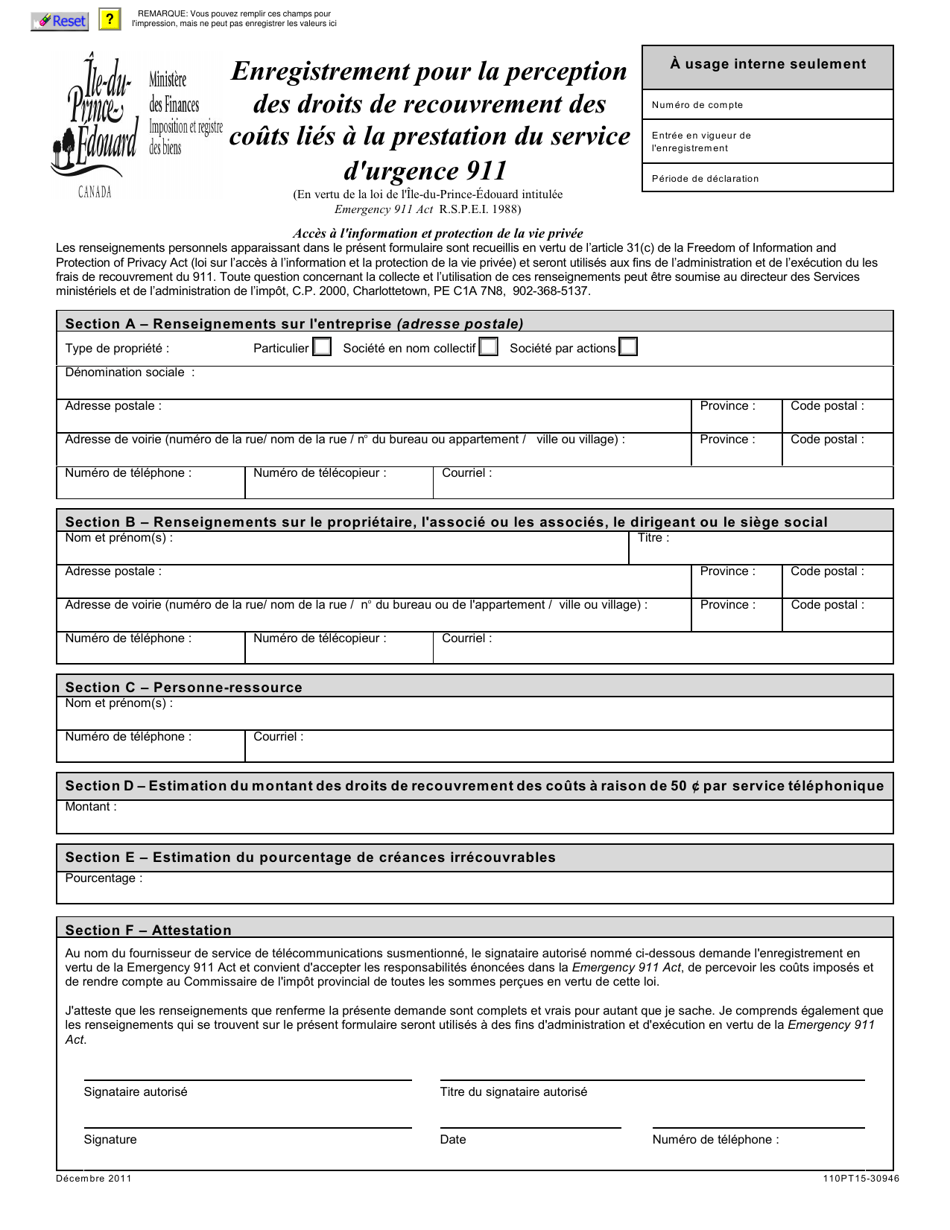 Forme 110PT15-30946 Enregistrement Pour La Perception DES Droits De Recouvrement DES Couts Lies a La Prestation Du Service Durgence 911 - Prince Edward Island, Canada (French), Page 1