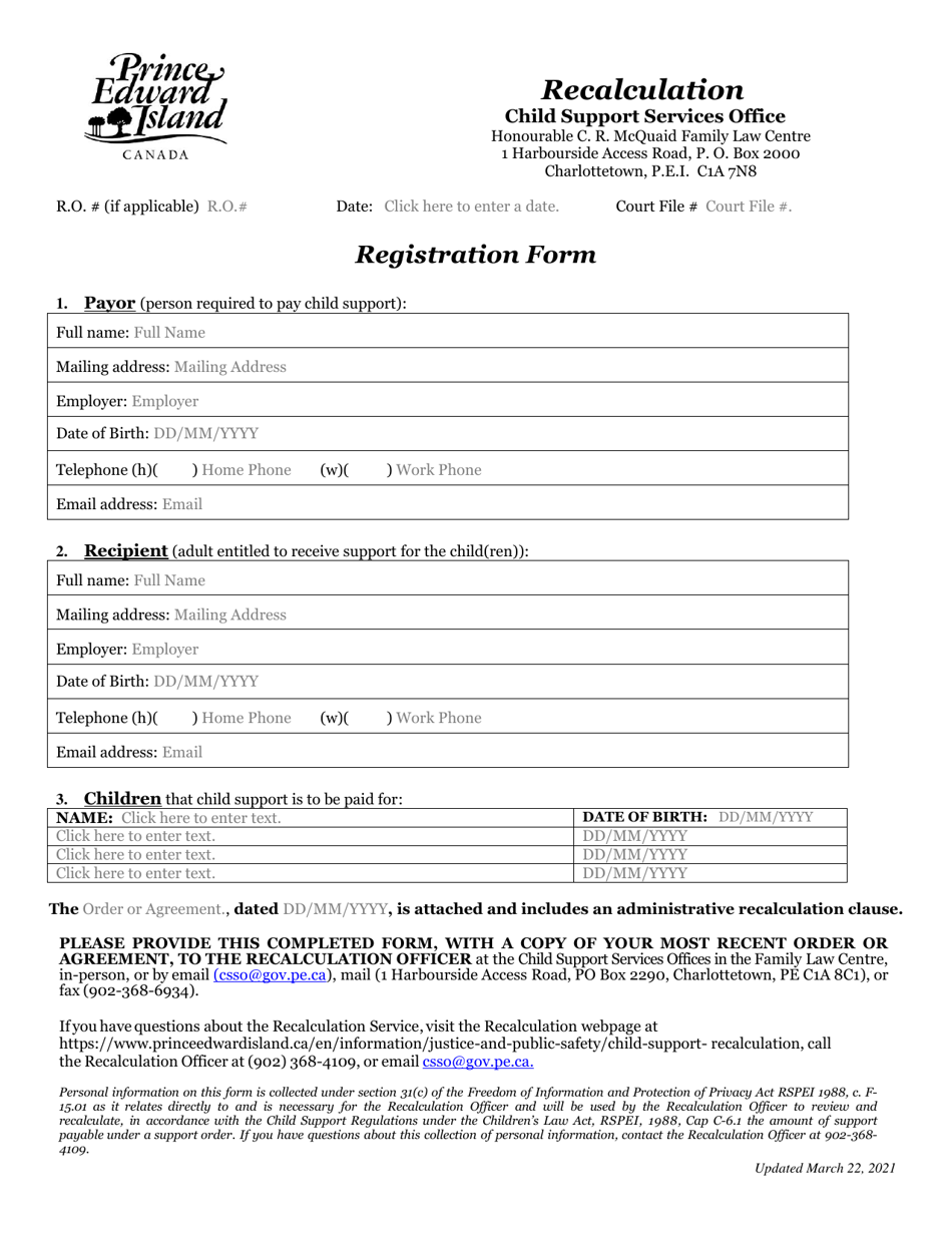 Recalculation Registration Form - Prince Edward Island, Canada, Page 1