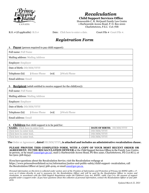 Recalculation Registration Form - Prince Edward Island, Canada