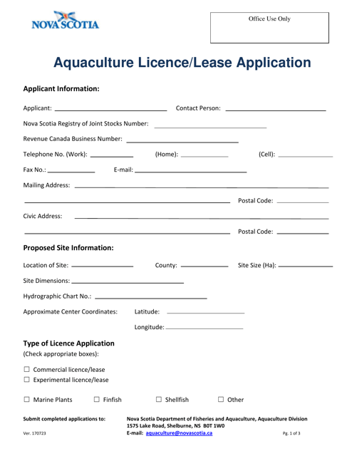 Aquaculture Licence / Lease Application - Nova Scotia, Canada Download Pdf