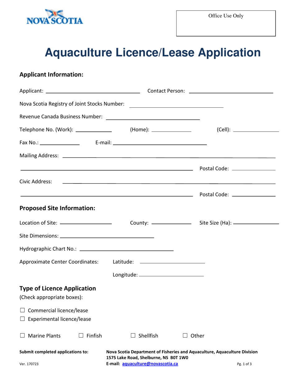 Aquaculture Licence / Lease Application - Nova Scotia, Canada, Page 1