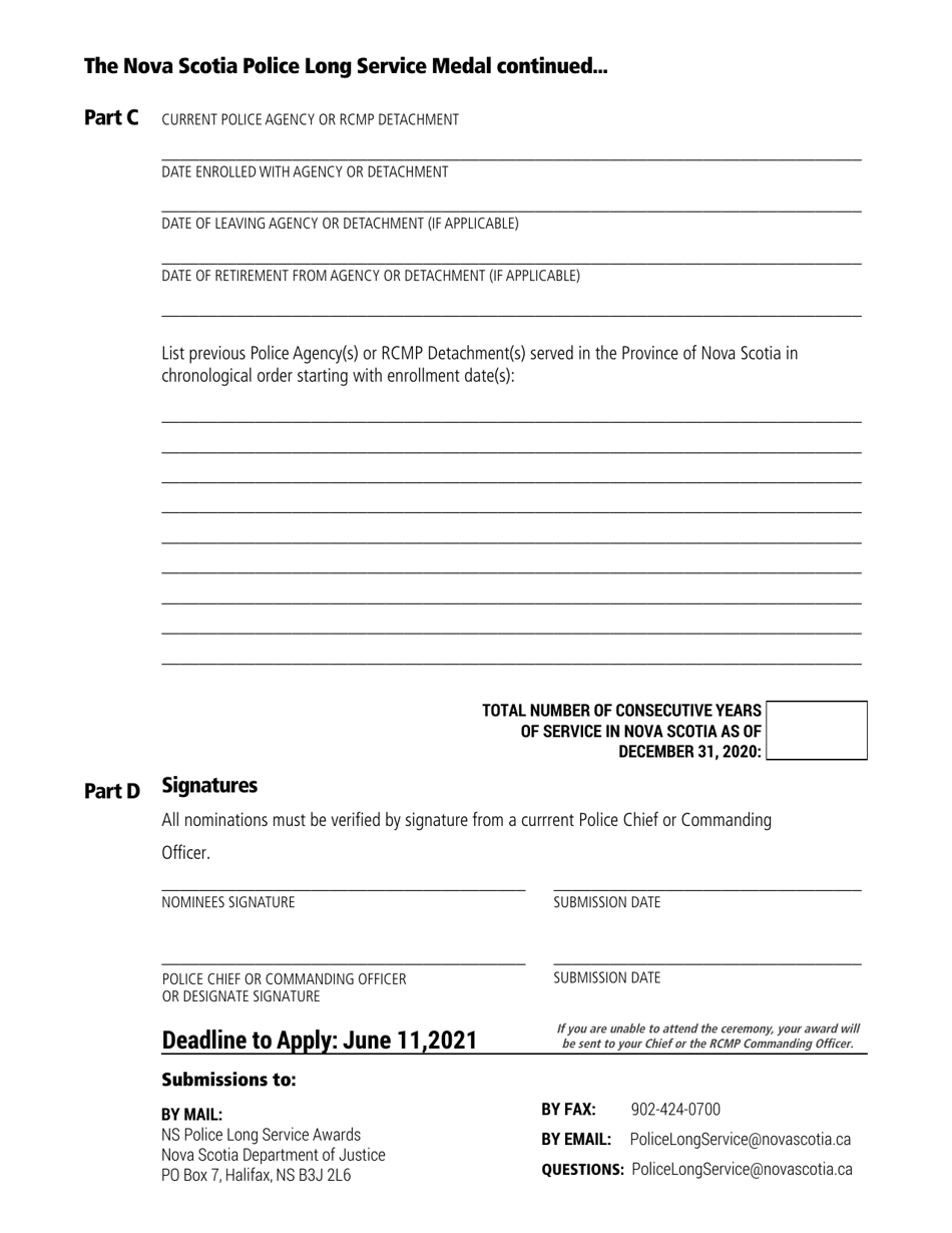 The Nova Scotia Police Long Service Medal Nomination Form - Nova Scotia, Canada, Page 2