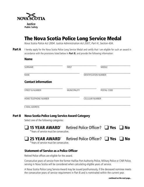 The Nova Scotia Police Long Service Medal Nomination Form - Nova Scotia, Canada