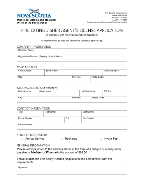 Fire Extinguisher Agent's License Application - Nova Scotia, Canada