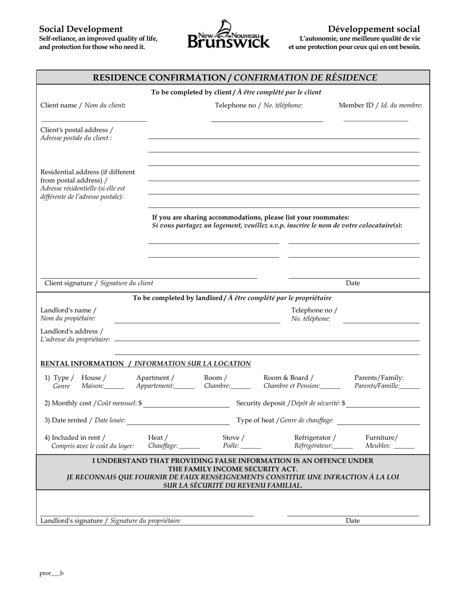Residence Confirmation - New Brunswick, Canada (English / French), Page 1