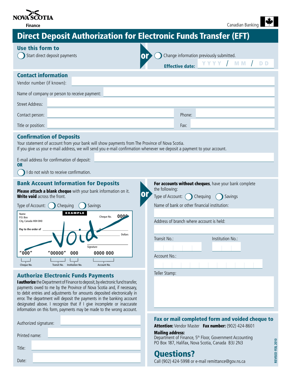 Direct Deposit Authorization for Electronic Funds Transfer (Eft) - Nova Scotia, Canada, Page 1