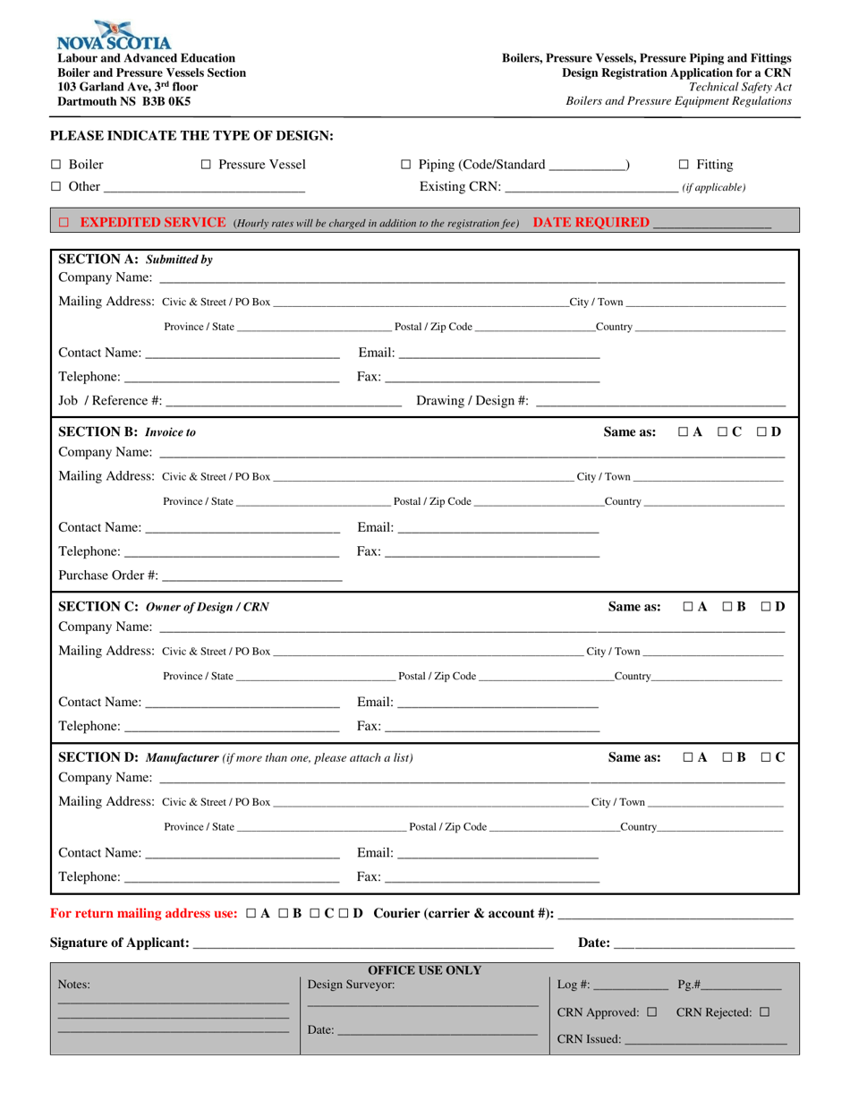 Boilers, Pressure Vessels, Pressure Piping and Fittings Design Registration Application for a Crn - Nova Scotia, Canada, Page 1