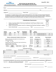 Document preview: Form NS-01 Application for and Report on Welder Performance Qualification - Nova Scotia, Canada