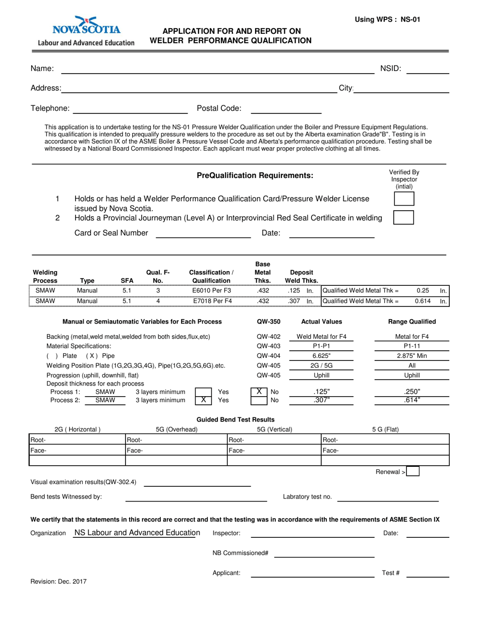 Form NS-01 Application for and Report on Welder Performance Qualification - Nova Scotia, Canada, Page 1