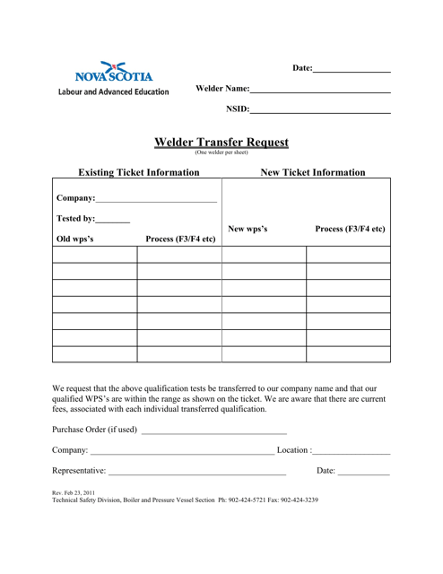 Welder Transfer Request - Nova Scotia, Canada Download Pdf