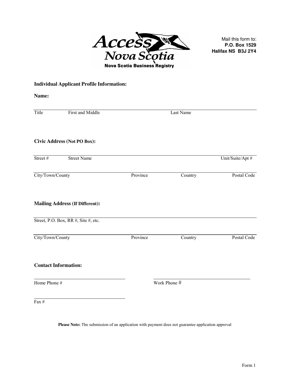 Form 1 Initial Application for Licence for Elevating Device - Individual - Nova Scotia, Canada, Page 1