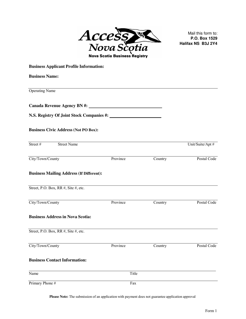 Form 1 Initial Application for Licence for Elevating Device (Company) - Nova Scotia, Canada, Page 1