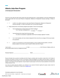 Document preview: Unemployed Declaration - Alberta Jobs Now Program - Alberta, Canada