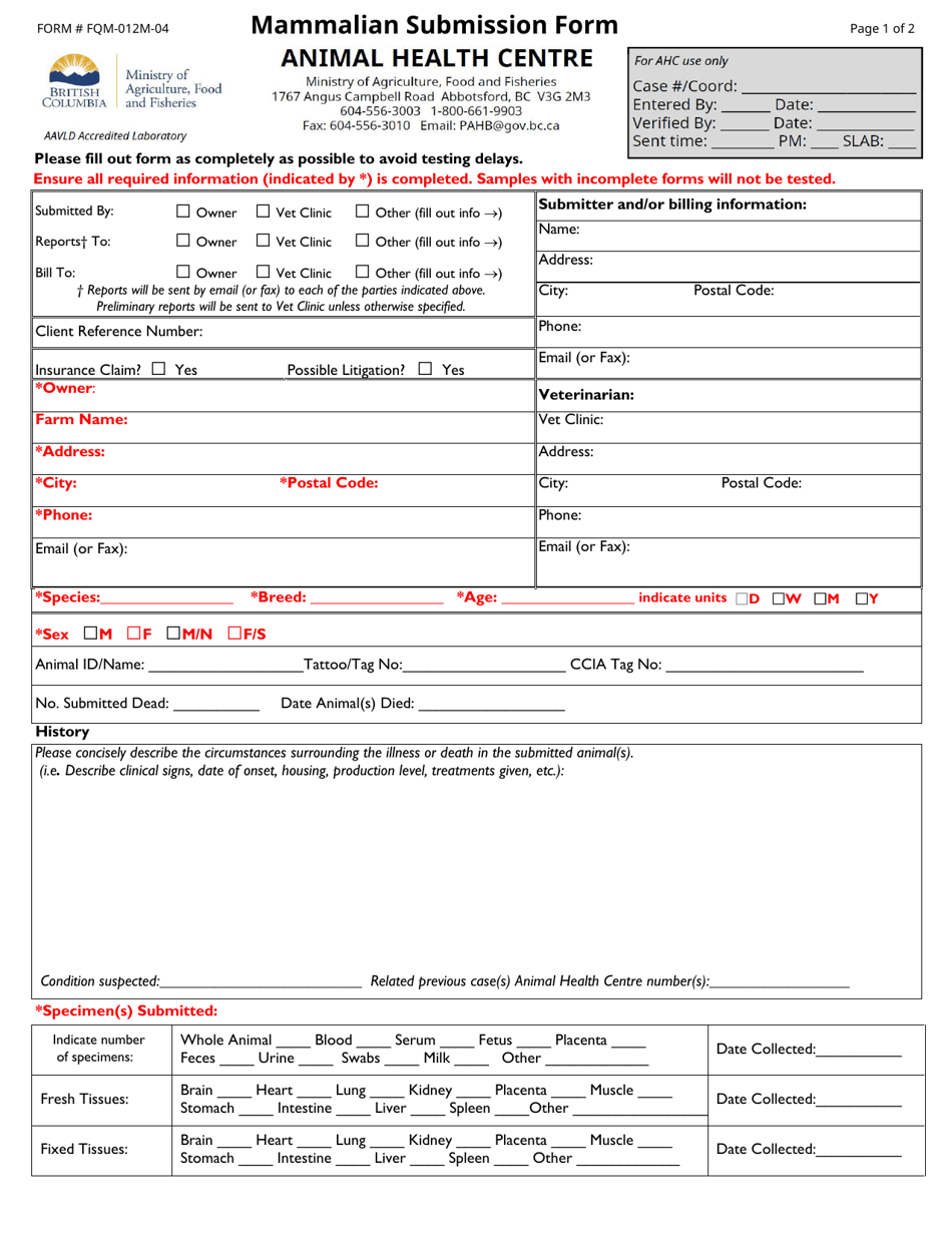 Form FQM-012M-04 Download Fillable PDF or Fill Online Mammalian ...