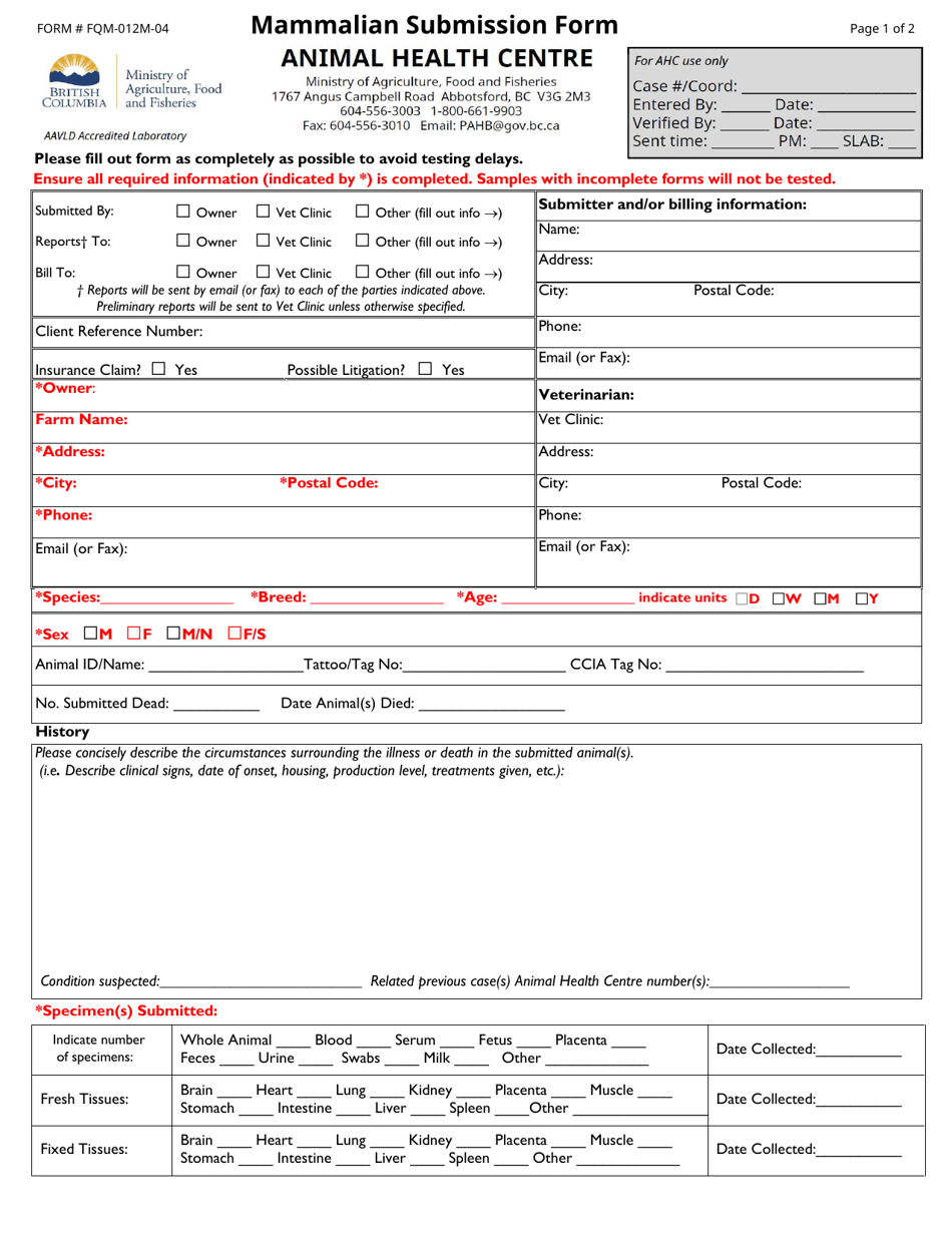 Form FQM-012M-04 Mammalian Submission Form - British Columbia, Canada, Page 1