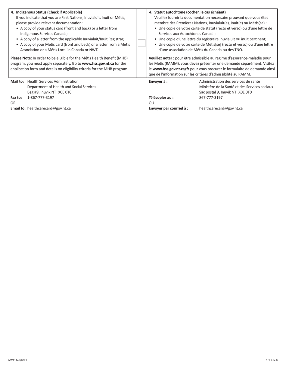 Form NWT1145 Nwt Application for Health Care - Northwest Territories, Canada (English / French), Page 3