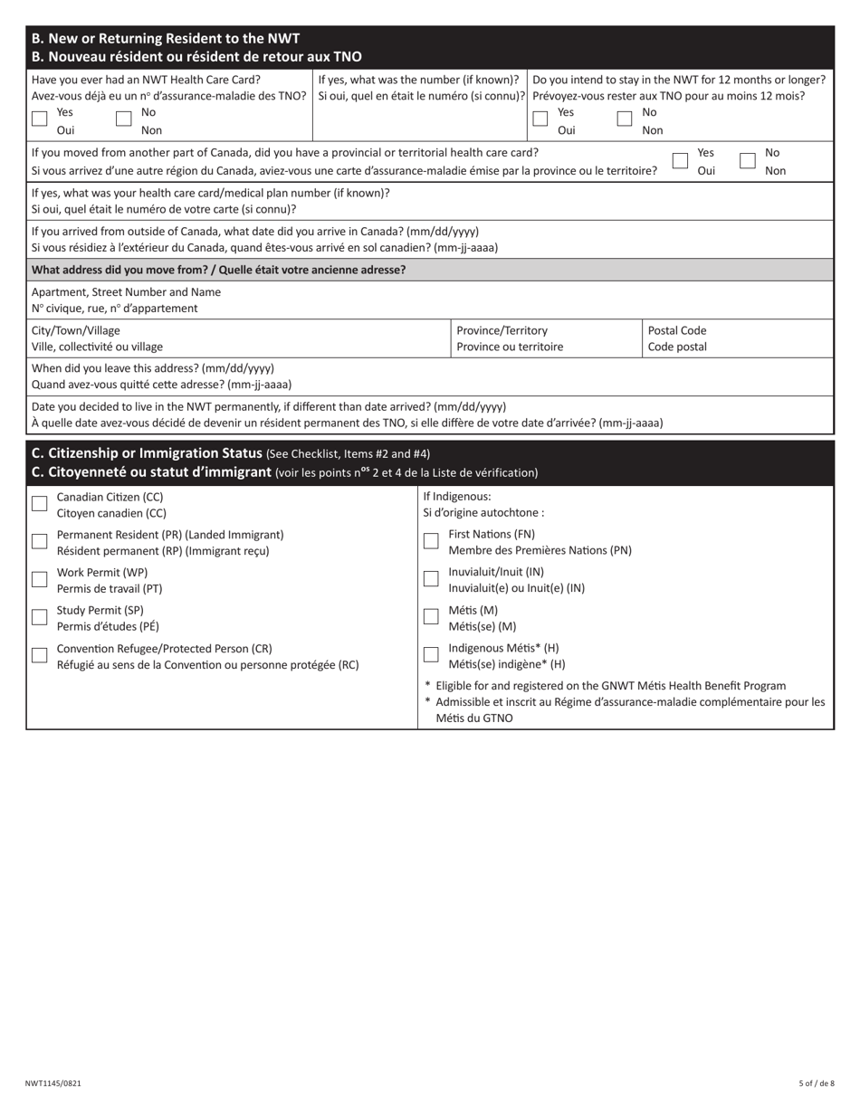 Form NWT1145 Nwt Application for Health Care - Northwest Territories, Canada (English / French), Page 5