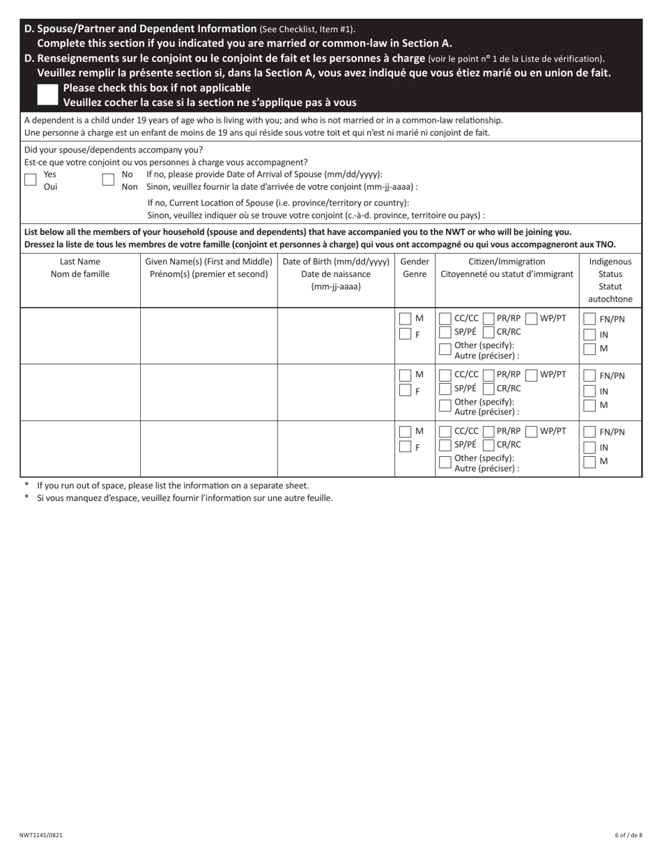 Form NWT1145 Nwt Application for Health Care - Northwest Territories, Canada (English / French), Page 6