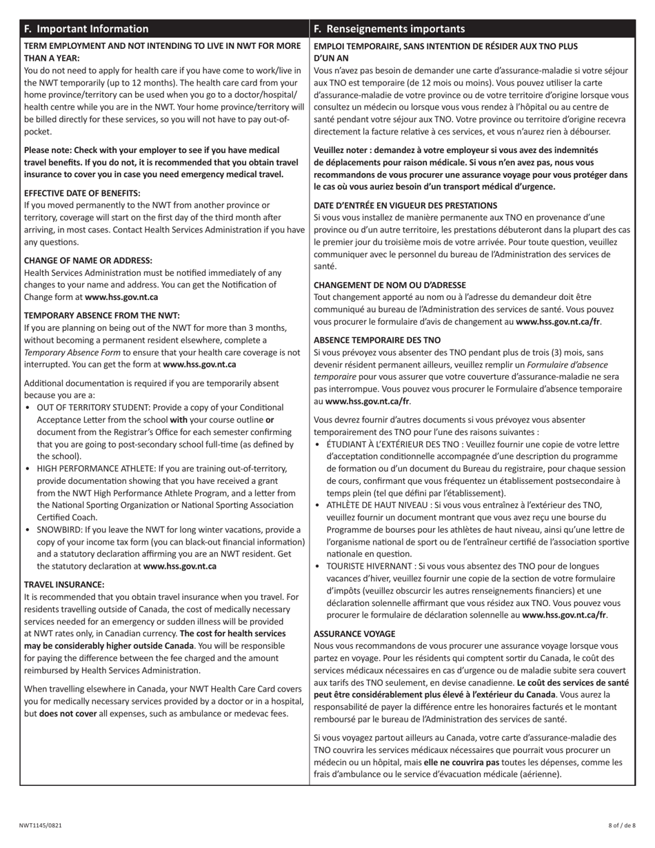 Form NWT1145 Nwt Application for Health Care - Northwest Territories, Canada (English / French), Page 8