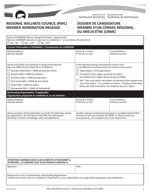 Form NWT8907 Regional Wellness Council (Rwc) Member Nomination Package - Northwest Territories, Canada (English/French)
