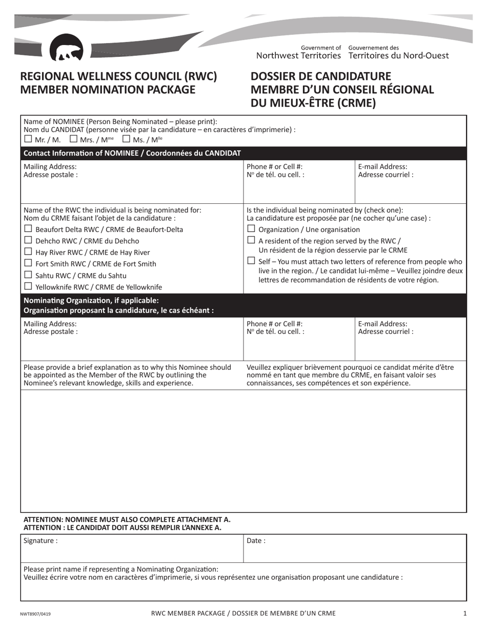 Form NWT8907 Regional Wellness Council (Rwc) Member Nomination Package - Northwest Territories, Canada (English / French), Page 1