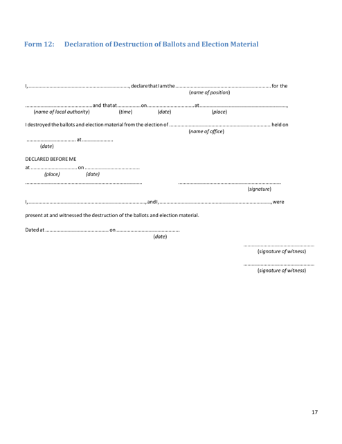 Form 12 Declaration of Destruction of Ballots and Election Material - Northwest Territories, Canada