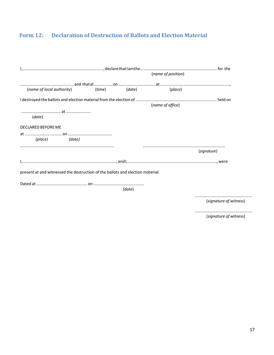 Form 12 Declaration of Destruction of Ballots and Election Material - Northwest Territories, Canada, Page 1