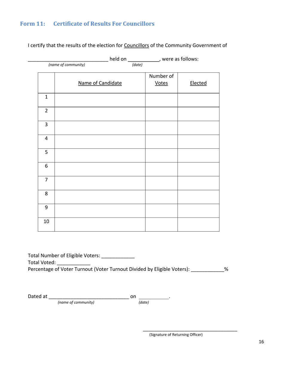 Form 11 Certificate of Results for Councillors - Northwest Territories, Canada, Page 1
