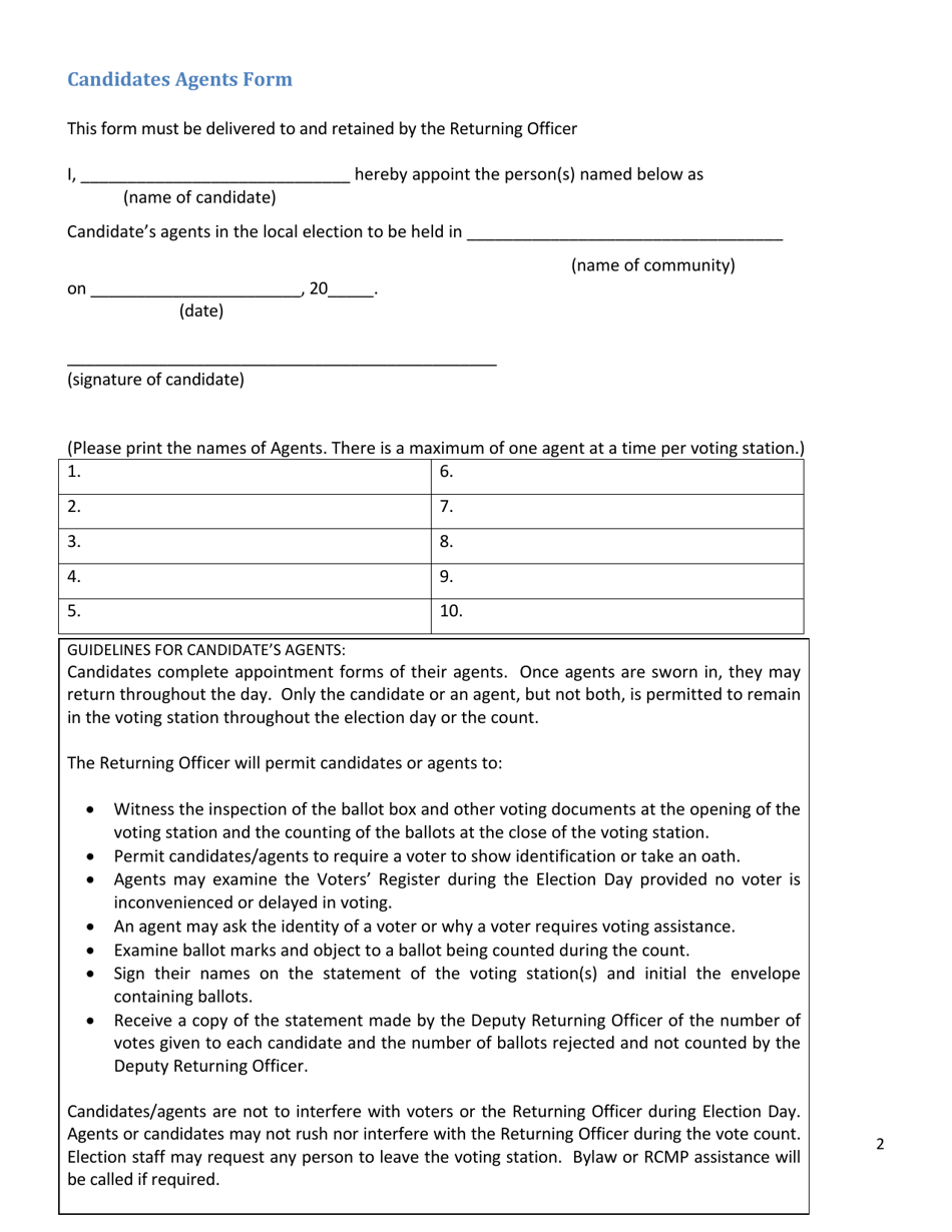 Candidates Agents Form - Northwest Territories, Canada, Page 1