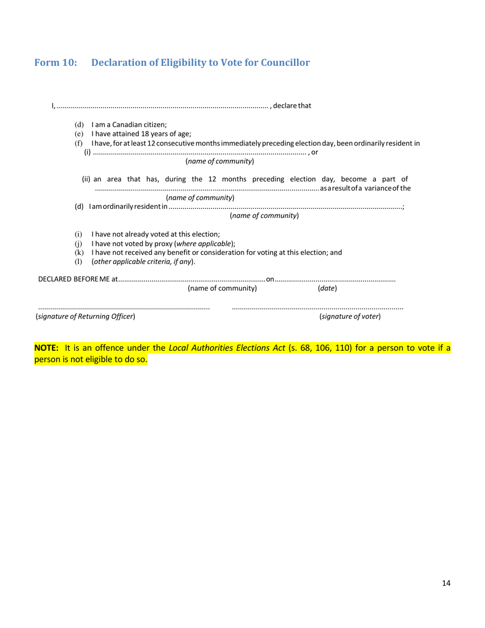 Form 10 Declaration of Eligibility to Vote for Councillor - Northwest Territories, Canada, Page 1