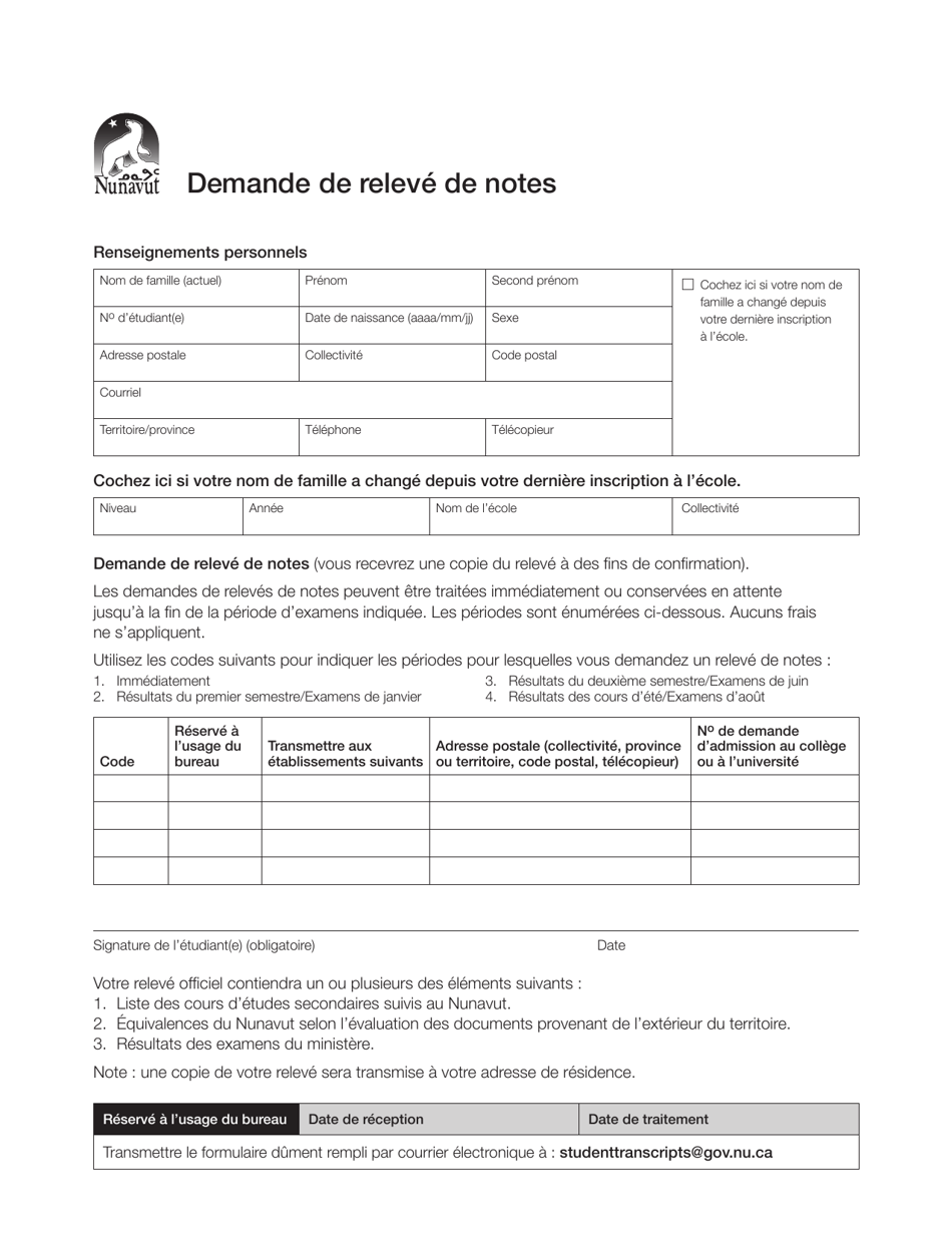 Nunavut Canada Demande De Releve De Notes - Fill Out, Sign Online and ...