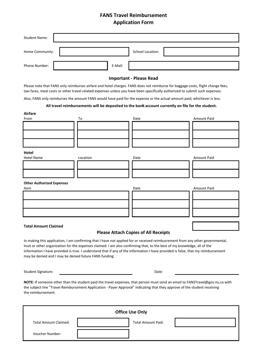 Nunavut Canada Fans Travel Reimbursement Application Form Download Fillable PDF Templateroller