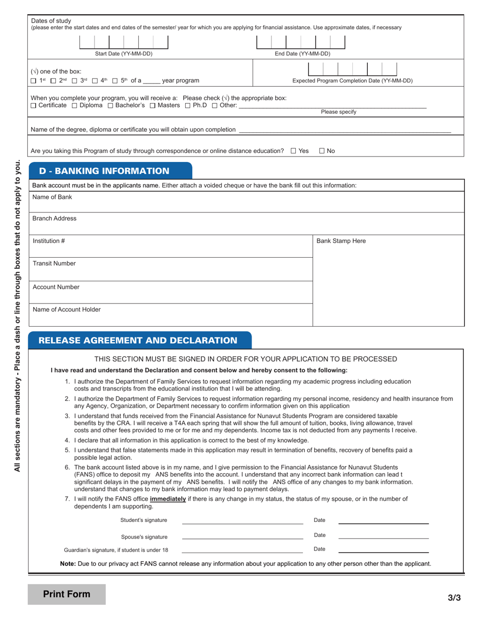 Application to Continue Student Financial Assistance - Financial Assistance for Nunavut Students - Nunavut, Canada, Page 3