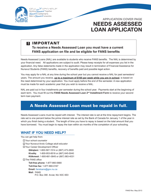 Needs Assessed Loan Application - Financial Assistance for Nunavut Students - Nunavut, Canada