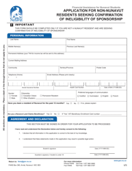 Document preview: Application for Non-nunavut Residents Seeking Confirmation of Ineligibility of Sponsorship - Financial Assistance for Nunavut Students - Nunavut, Canada