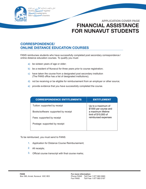 Application for Correspondance / Online Distance Education Course Reimbursement - Financial Assistance for Nunavut Students - Nunavut, Canada Download Pdf