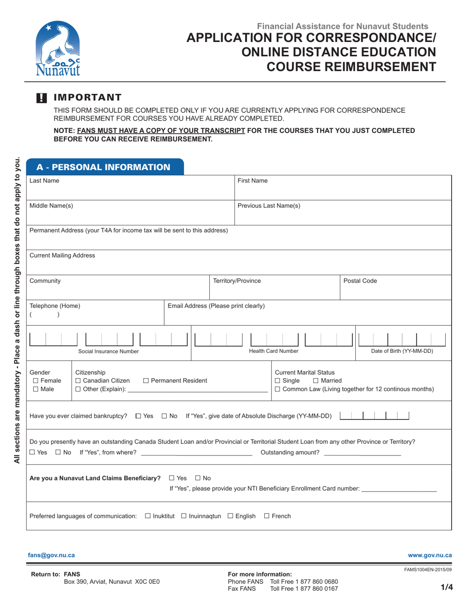 Application for Correspondance / Online Distance Education Course Reimbursement - Financial Assistance for Nunavut Students - Nunavut, Canada, Page 2