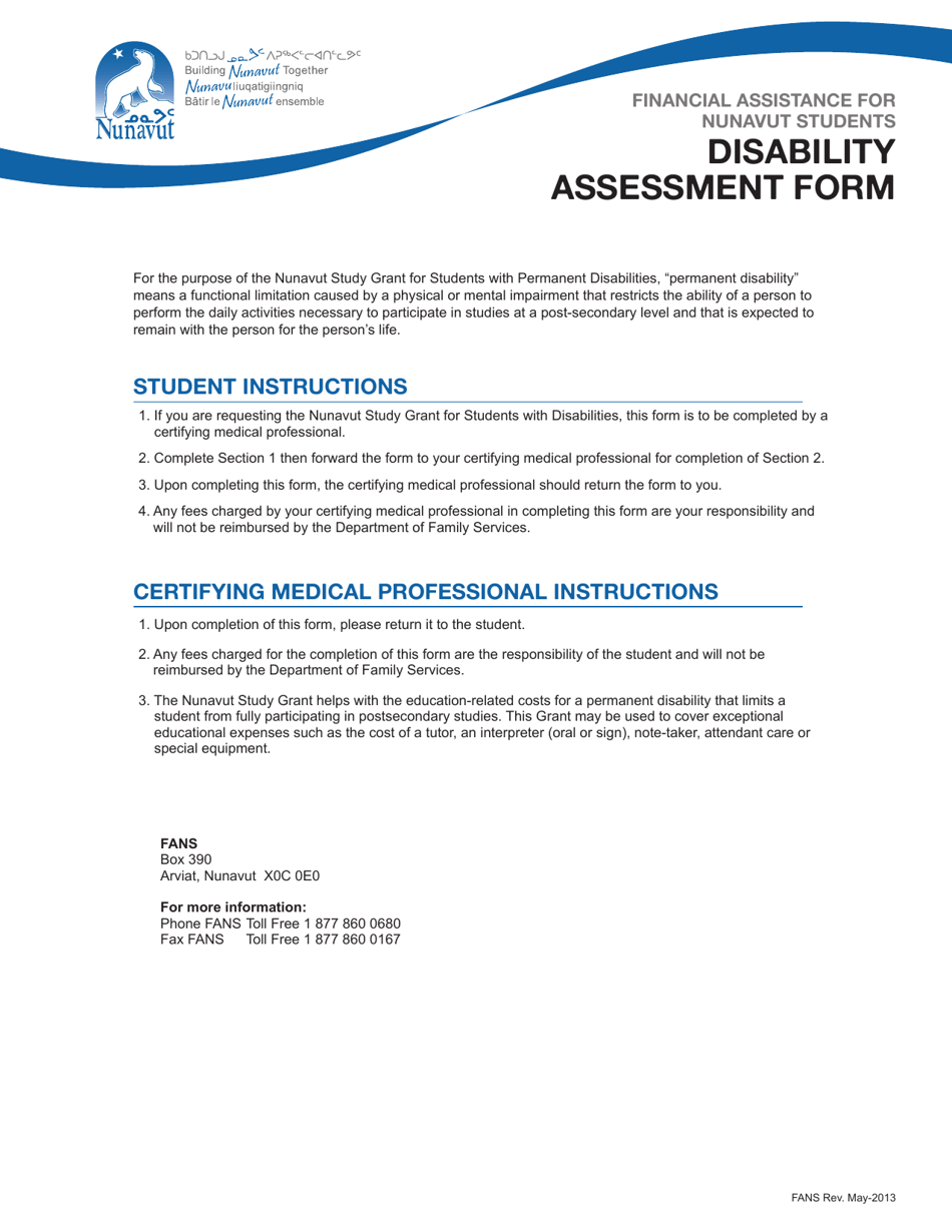 Disability Assessment Form - Financial Assistance for Nunavut Students - Nunavut, Canada, Page 1