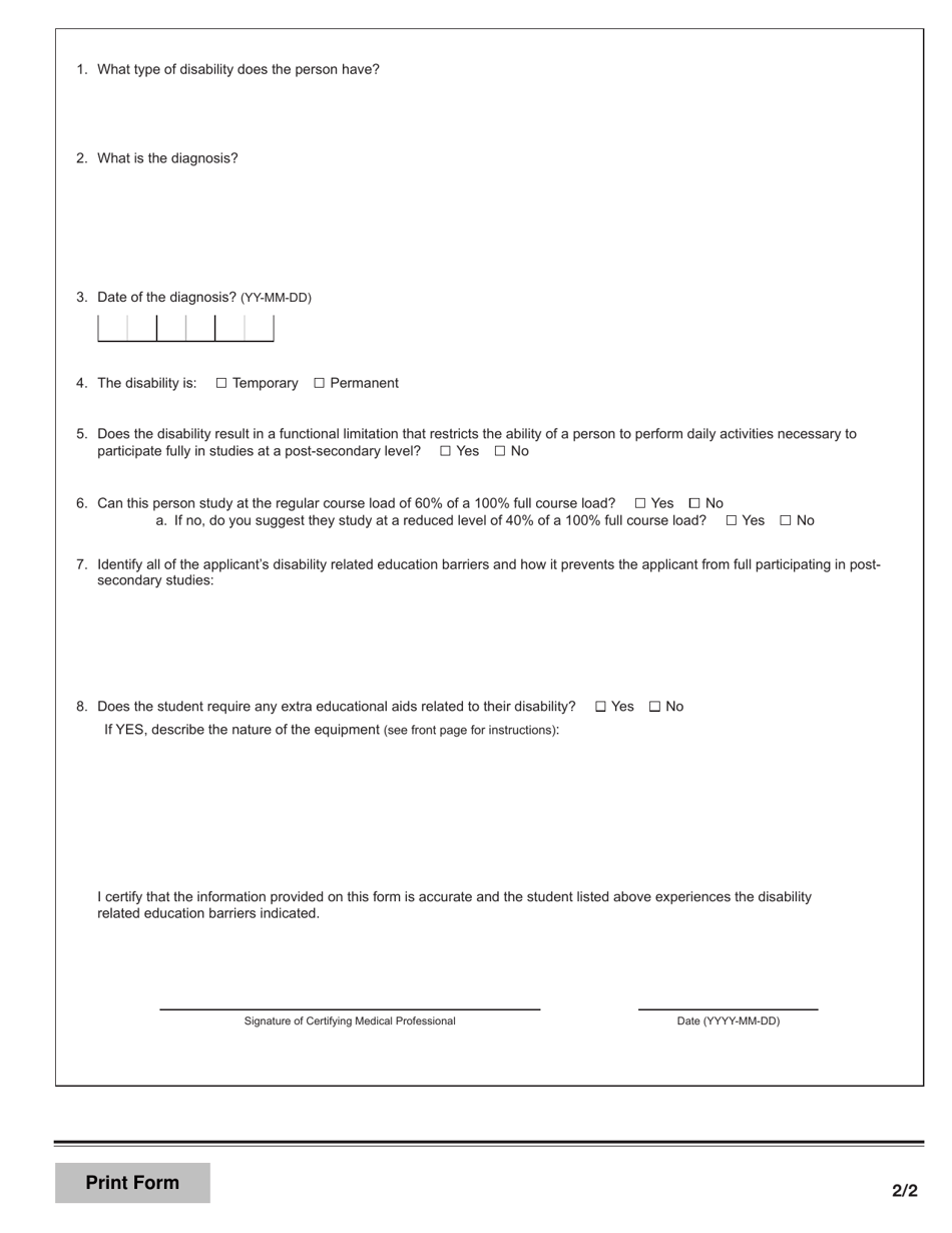 Disability Assessment Form - Financial Assistance for Nunavut Students - Nunavut, Canada, Page 3