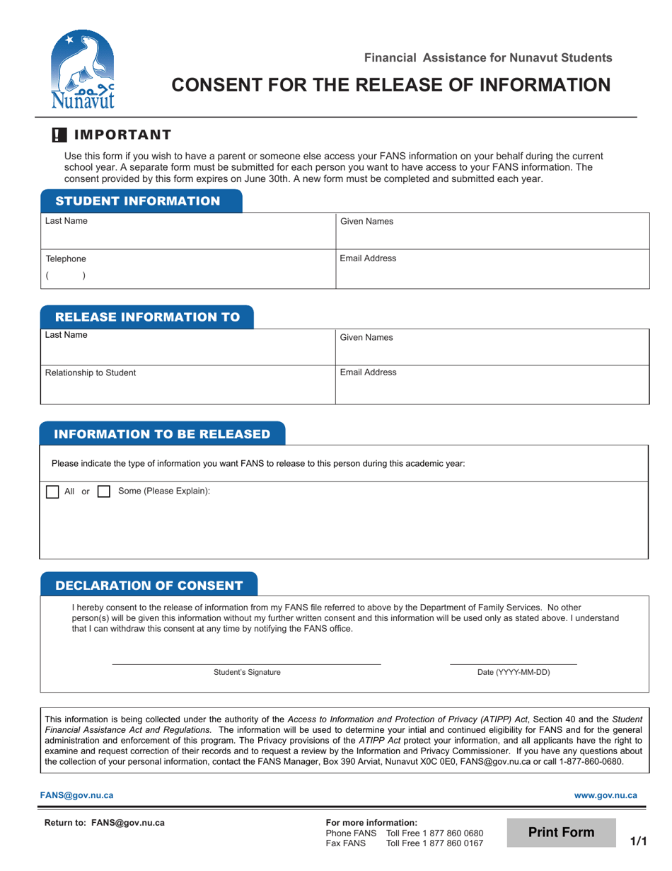 Consent for the Release of Information - Financial Assistance for Nunavut Students - Nunavut, Canada, Page 1