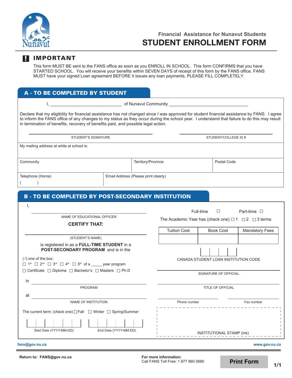 Student Enrollment Form - Financial Assistance for Nunavut Students - Nunavut, Canada, Page 1