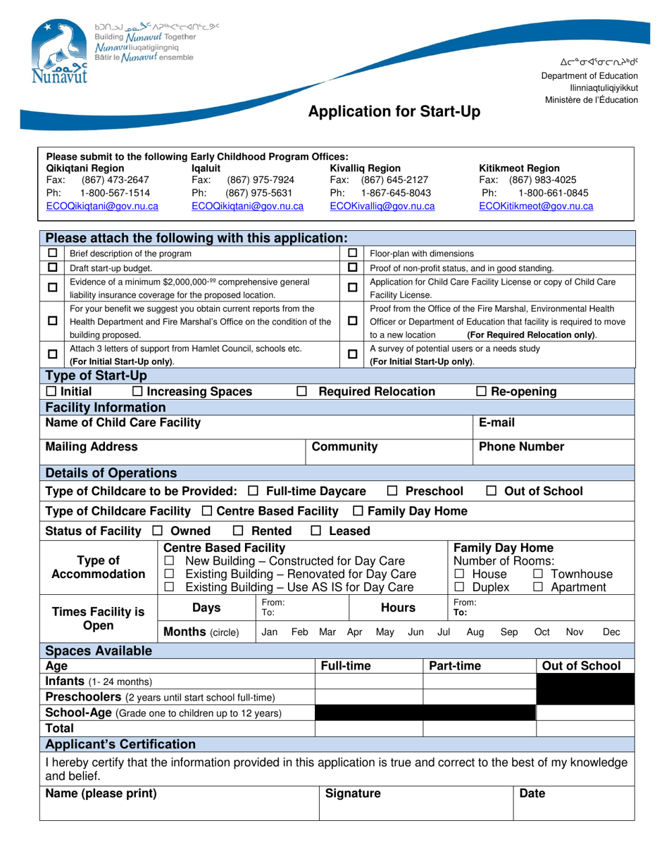 Nunavut Canada Application for Start-Up - Fill Out, Sign Online and ...