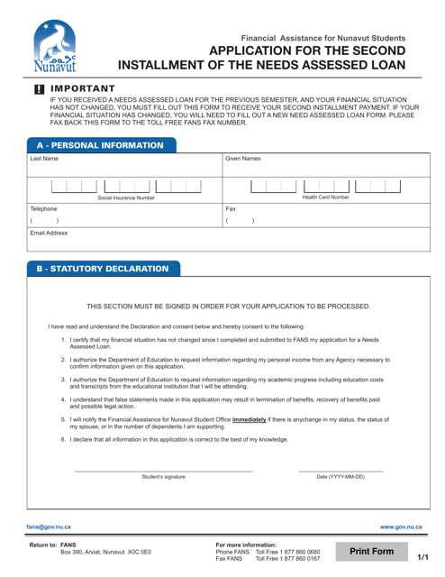 Application for the Second Installment of the Needs Assessed Loan - Financial Assistance for Nunavut Students - Nunavut, Canada