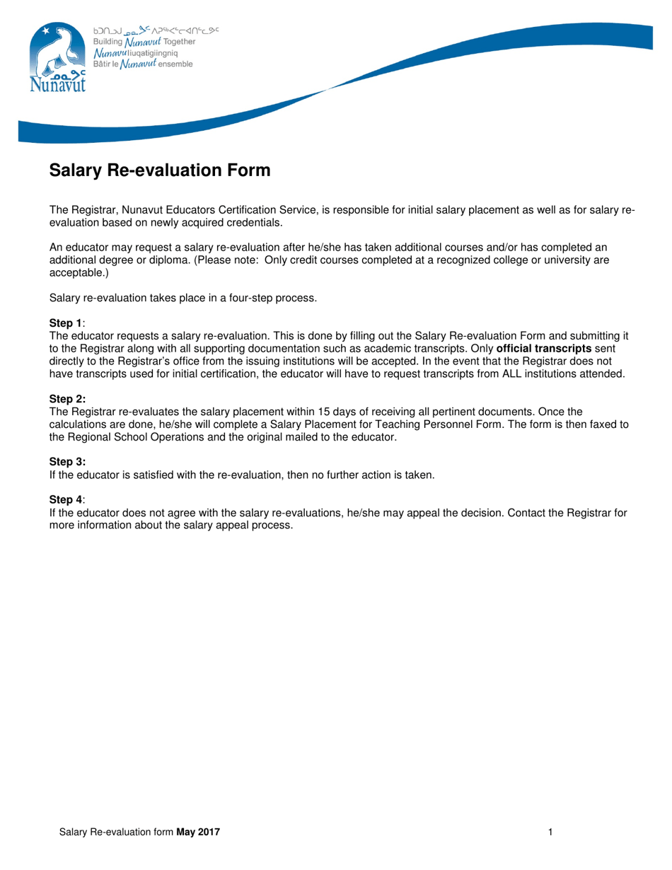 Nunavut Canada Salary Reevaluation Form Fill Out, Sign Online and