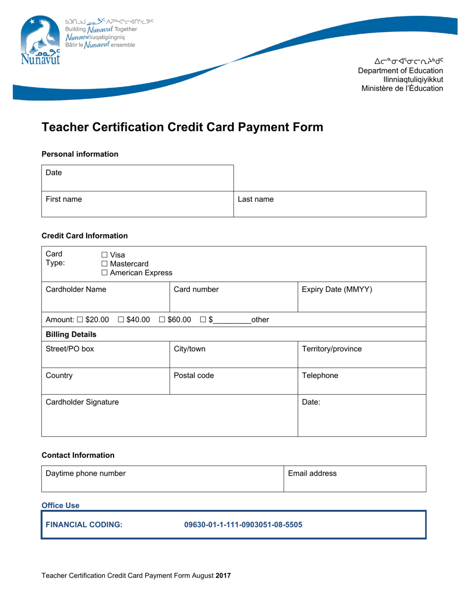 Teacher Certification Credit Card Payment Form - Nunavut, Canada, Page 1